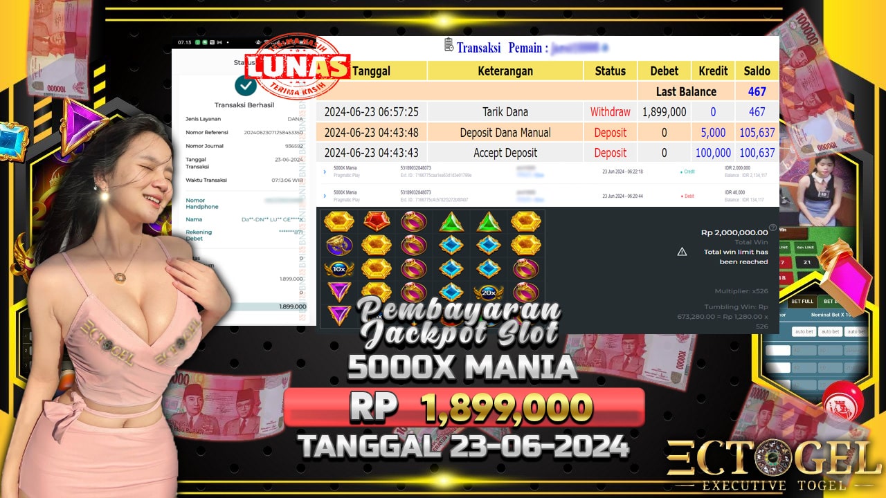 BUKTI JACKPOT SLOT 5000X MANIA TERPERCAYA DI INDONESIA TGL 23-06-2024