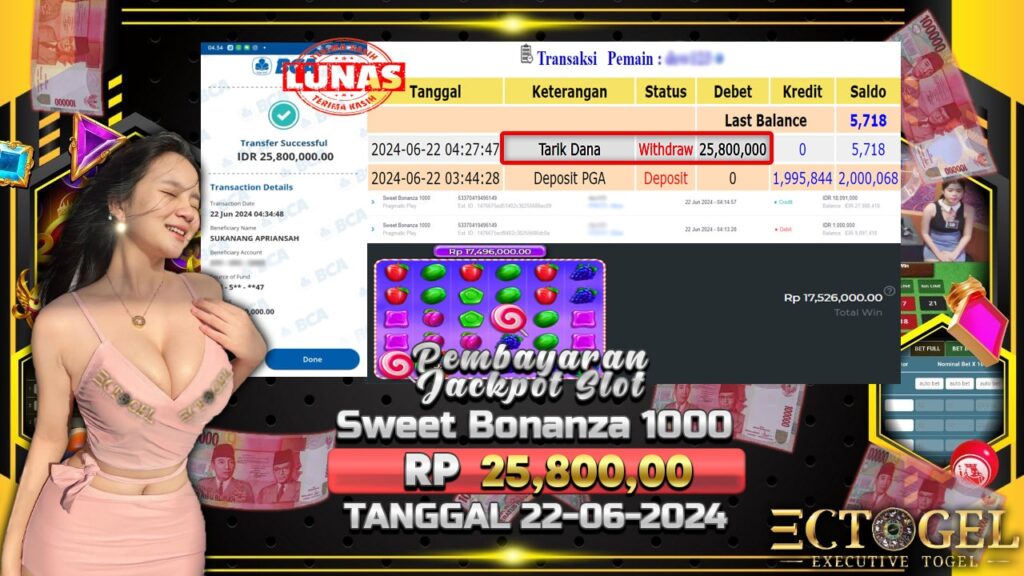 BUKTI JACKPOT SLOT SWEET BONANZA 1000 TERPERCAYA DI INDONESIA TGL 22-06-2024