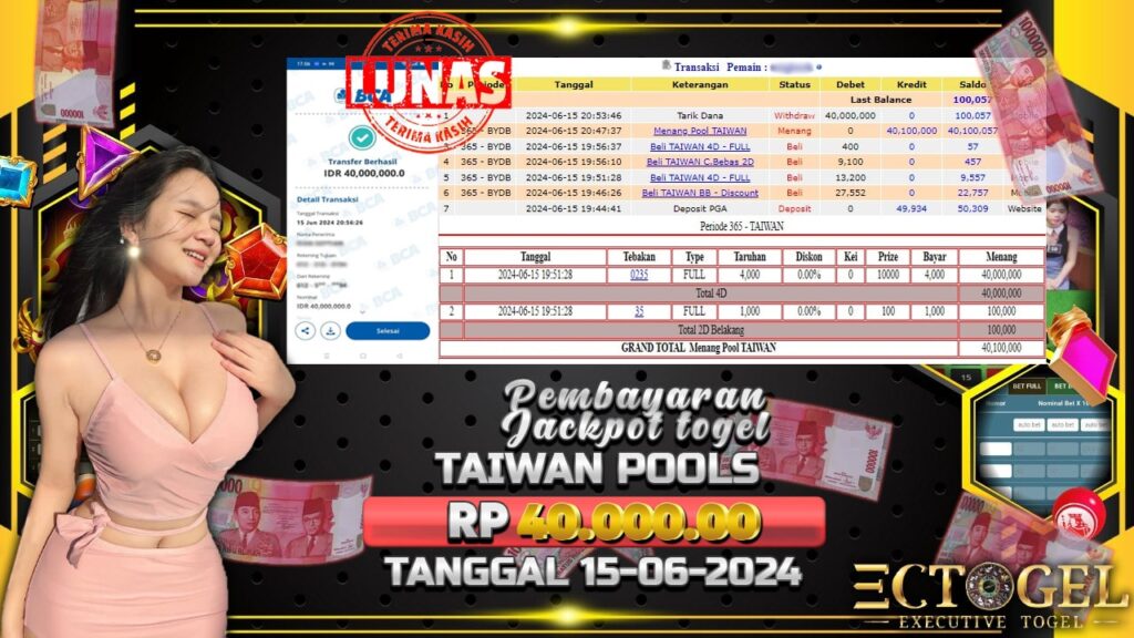 BUKTI JACKPOT TOGEL POOL TAIWAN TERPERCAYA DI INDONESIA TGL 15-06-2024