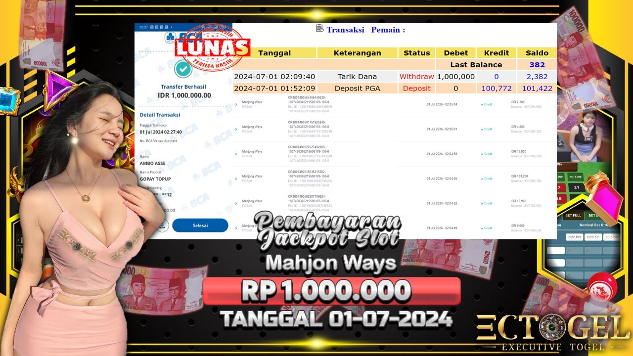 BUKTI JACKPOT SLOT MAHJONG WAYS TERPERCAYA DI INDONESIA TGL 01-07-2024