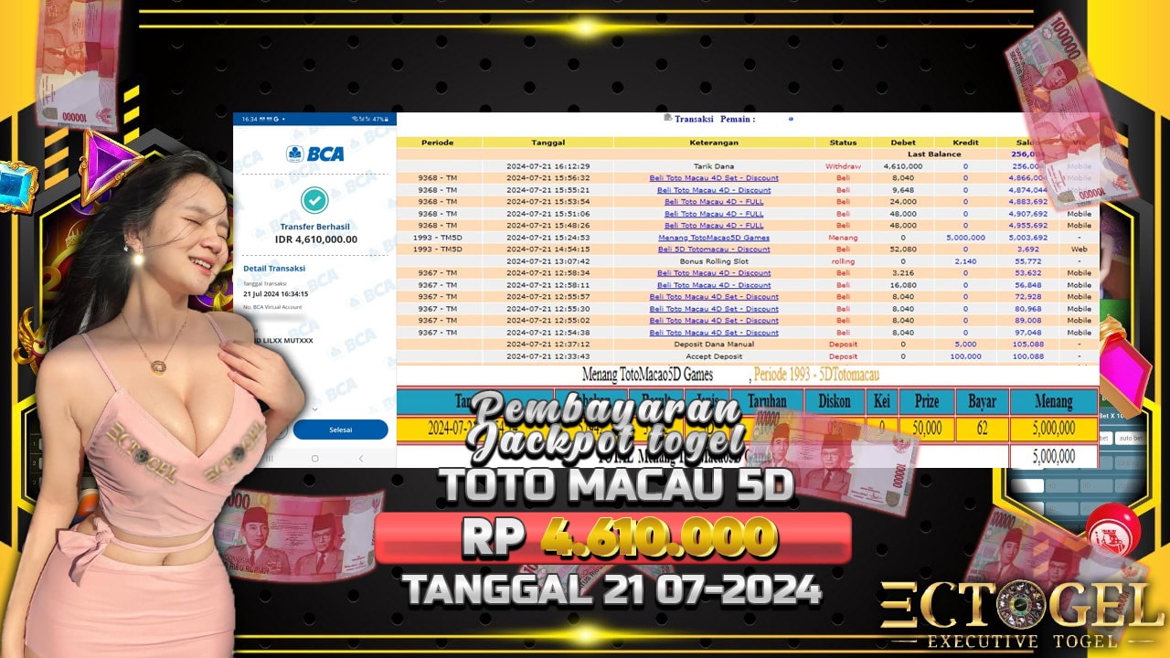 BUKTI JACKPOT TOGEL ONLINE TOTO MACAU 5D TERPERCAYA DI INDONESIA TGL 21-07-2024