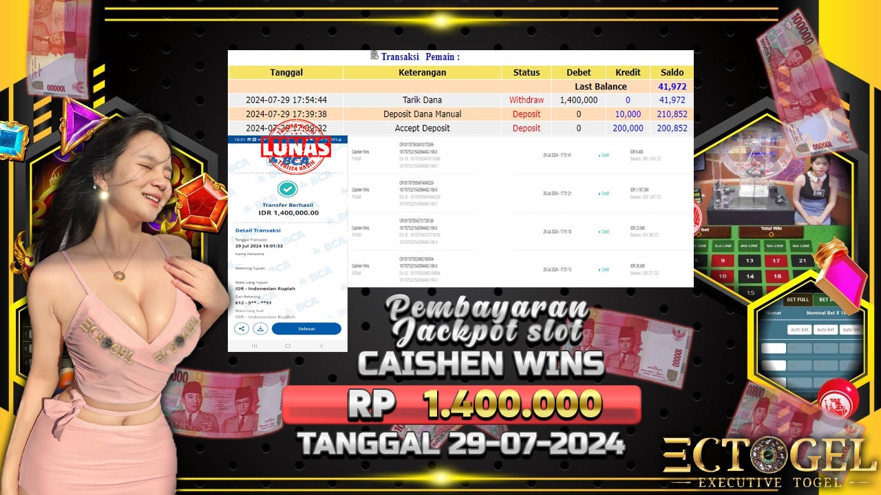 BUKTI JACKPOT SLOT CAISHEN WINS TERPERCAYA DI INDONESIA TGL 29-07-2024