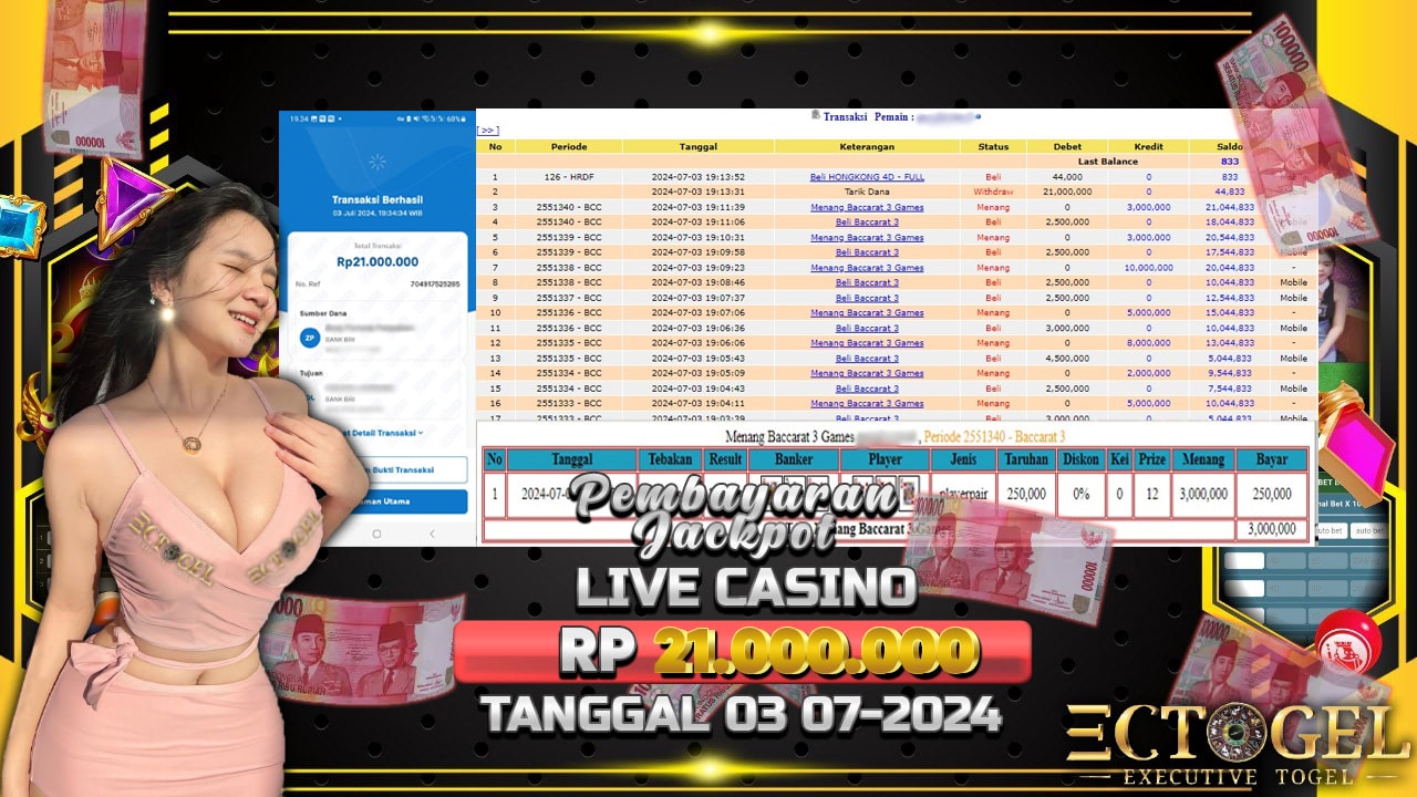 BUKTI JACKPOT LIVE CASINO BACCARAT TERPERCAYA DI INDONESIA TGL 03-07-2024