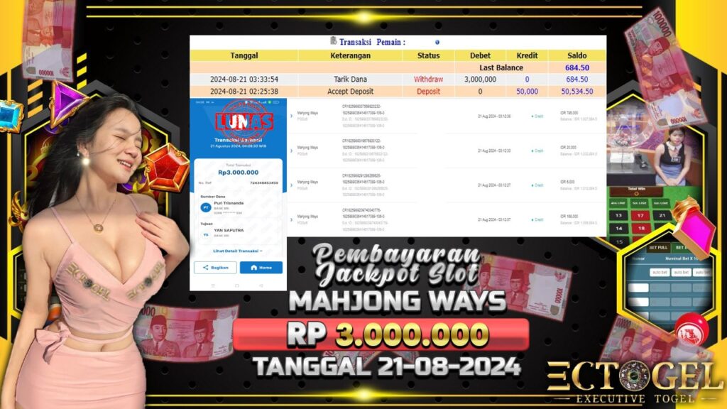 BUKTI JACKPOT SLOT MAHJONG WAYS TERPERCAYA DI INDONESIA TGL 21-08-2024