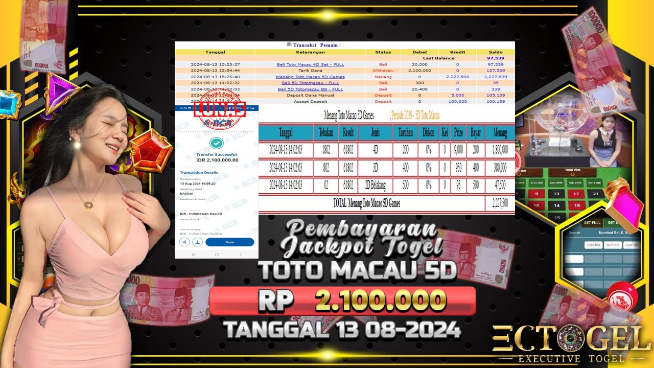 BUKTI JACKPOT TOGEL ONLINE TOTO MACAU 5D TERPERCAYA DI INDONESIA TGL 13-08-2024