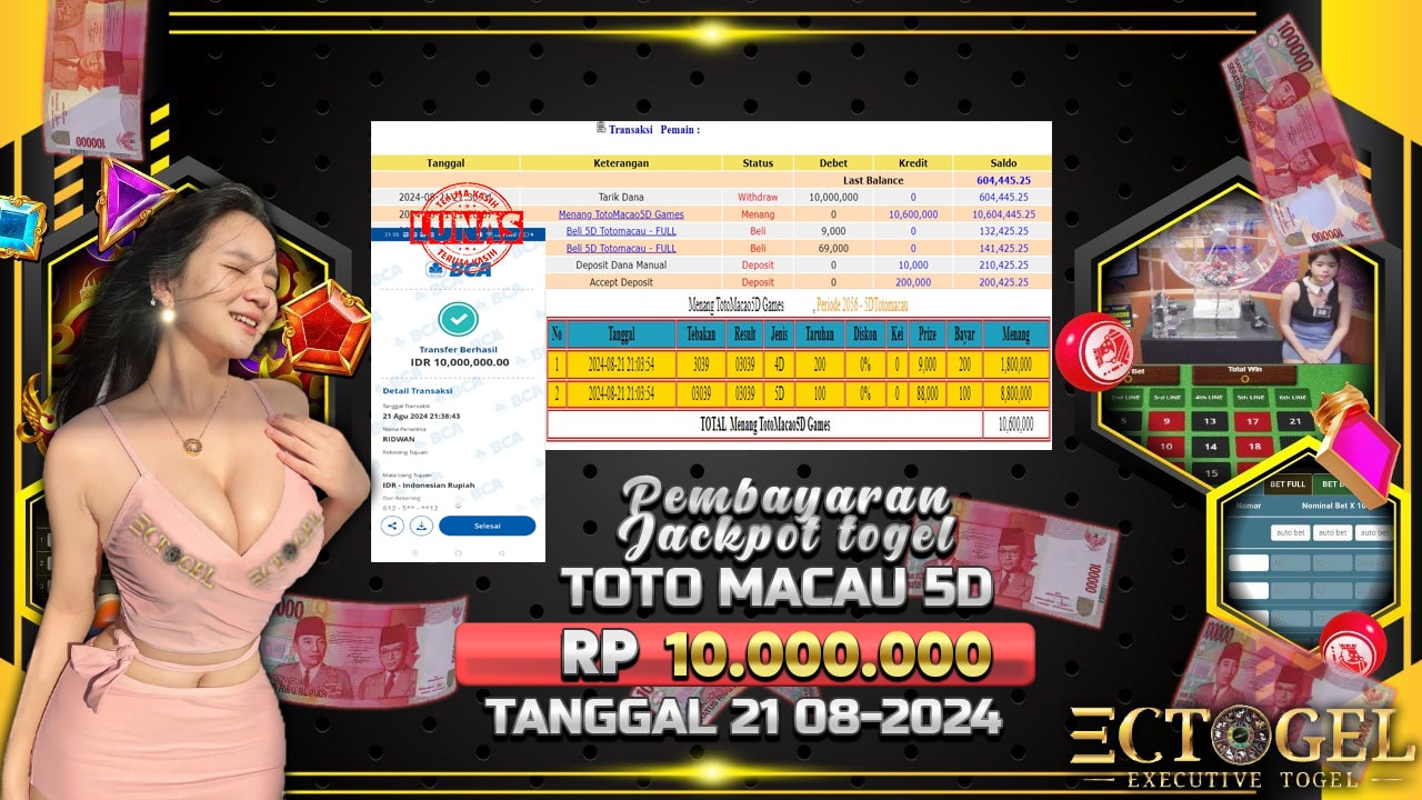 BUKTI JACKPOT TOGEL ONLINE TOTO MACAU 5D TERPERCAYA DI INDONESIA TGL 21-08-2024