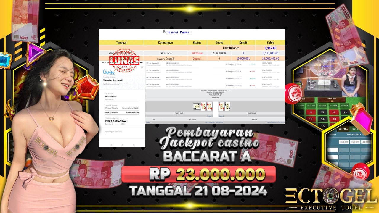 BUKTI JACKPOT LIVE CASINO BACCARAT TERPERCAYA DI INDONESIA TGL 21-08-2024