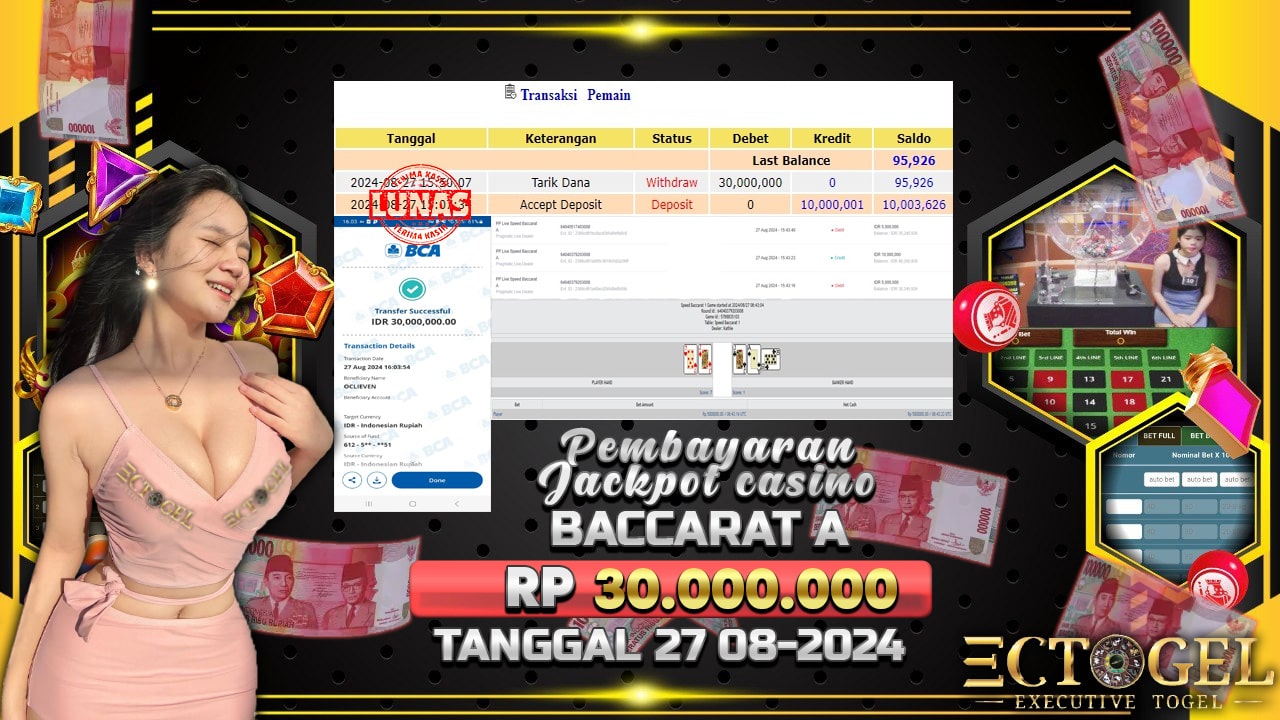 BUKTI JACKPOT LIVE CASINO BACCARAT A TERPERCAYA DI INDONESIA TGL 27-08-2024