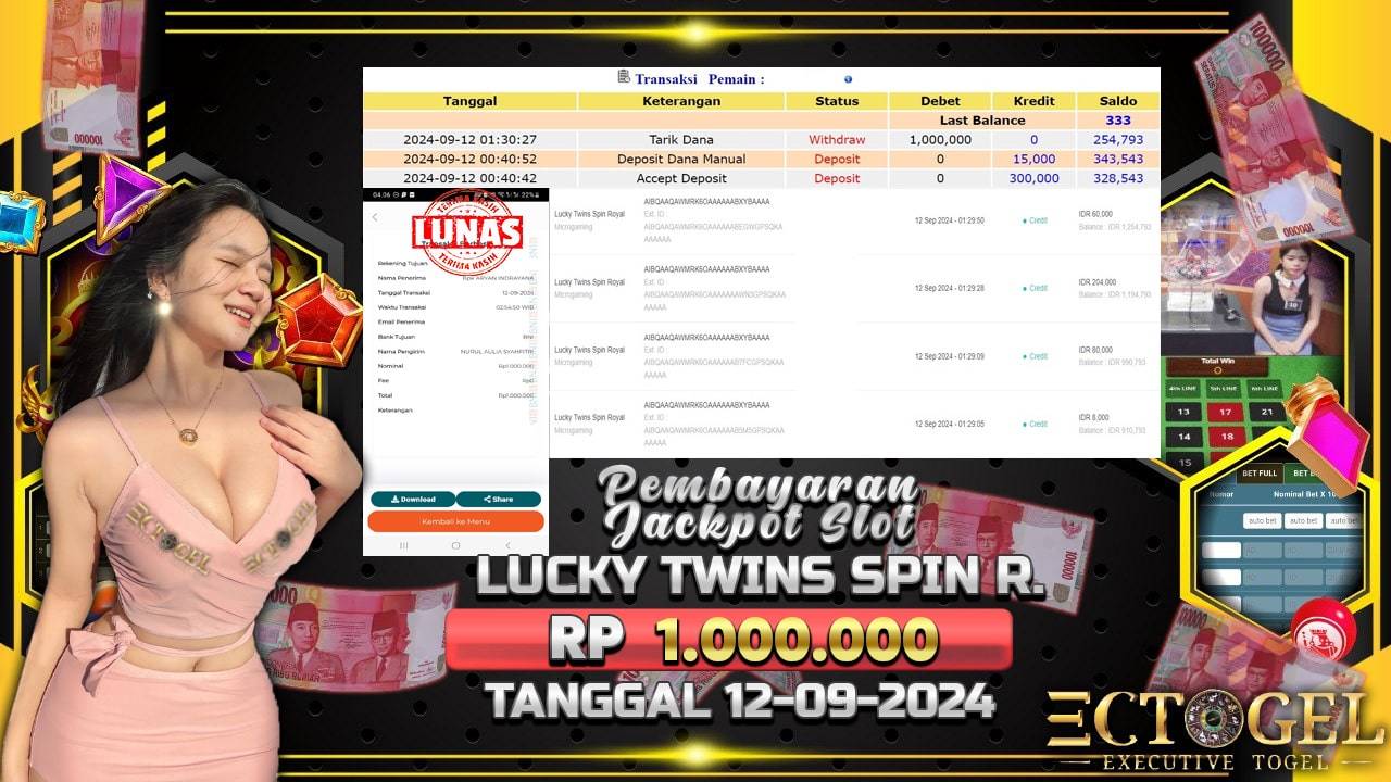 BUKTI JACKPOT SLOT LUCKY TWINS SPIN ROYAL TERPERCAYA DI INDONESIA TGL 12-09-2024