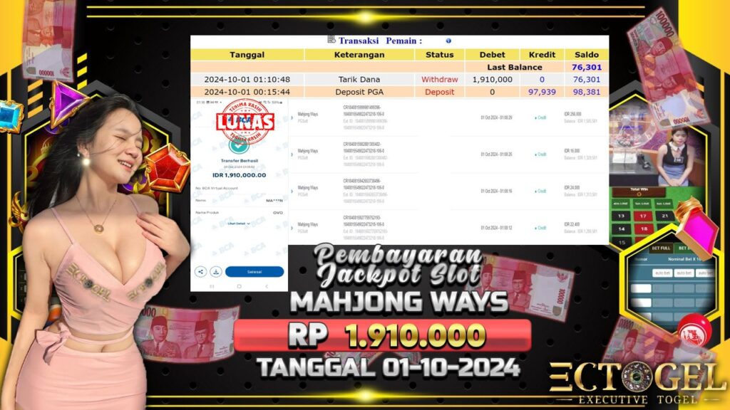 BUKTI JACKPOT SLOT MAHJONG WAYS TERPERCAYA DI INDONESIA TGL 01-10-2024