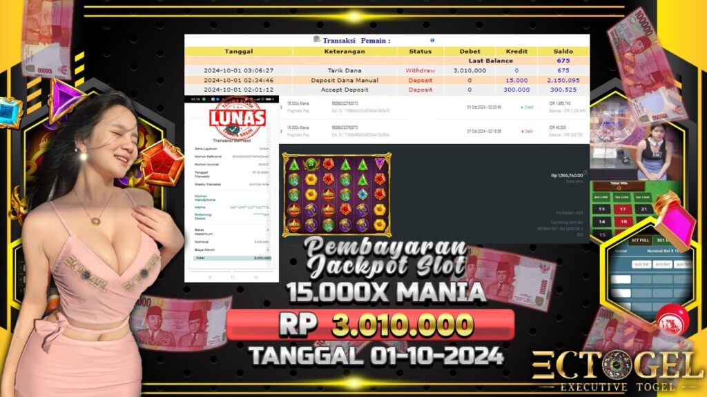 BUKTI JACKPOT SLOT 15.000X MANIA TERPERCAYA DI INDONESIA TGL 01-10-2024