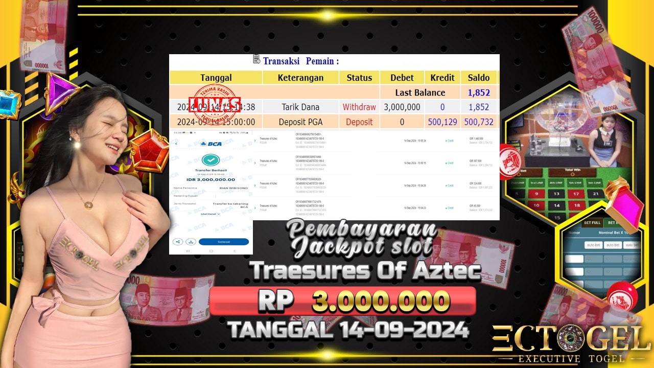 BUKTI JACKPOT SLOT TREASURE OF AZTEC TERPERCAYA DI INDONESIA TGL 14-09-2024